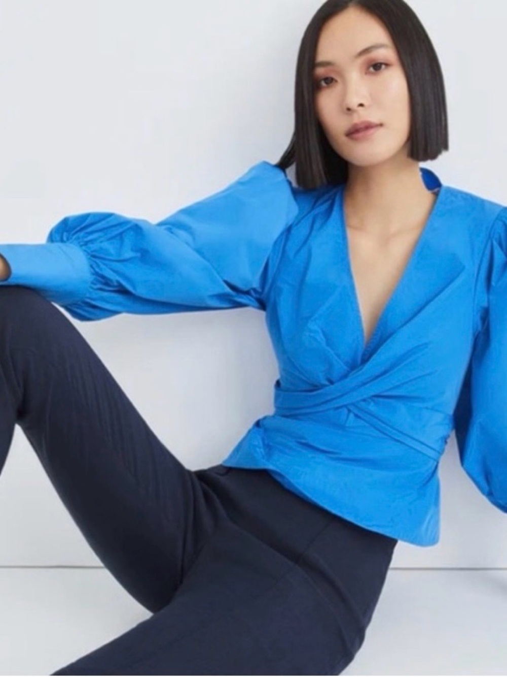 Veronica Beard Seema Puff Sleeve Wrap Blouse Bluebell Royal Blue 2